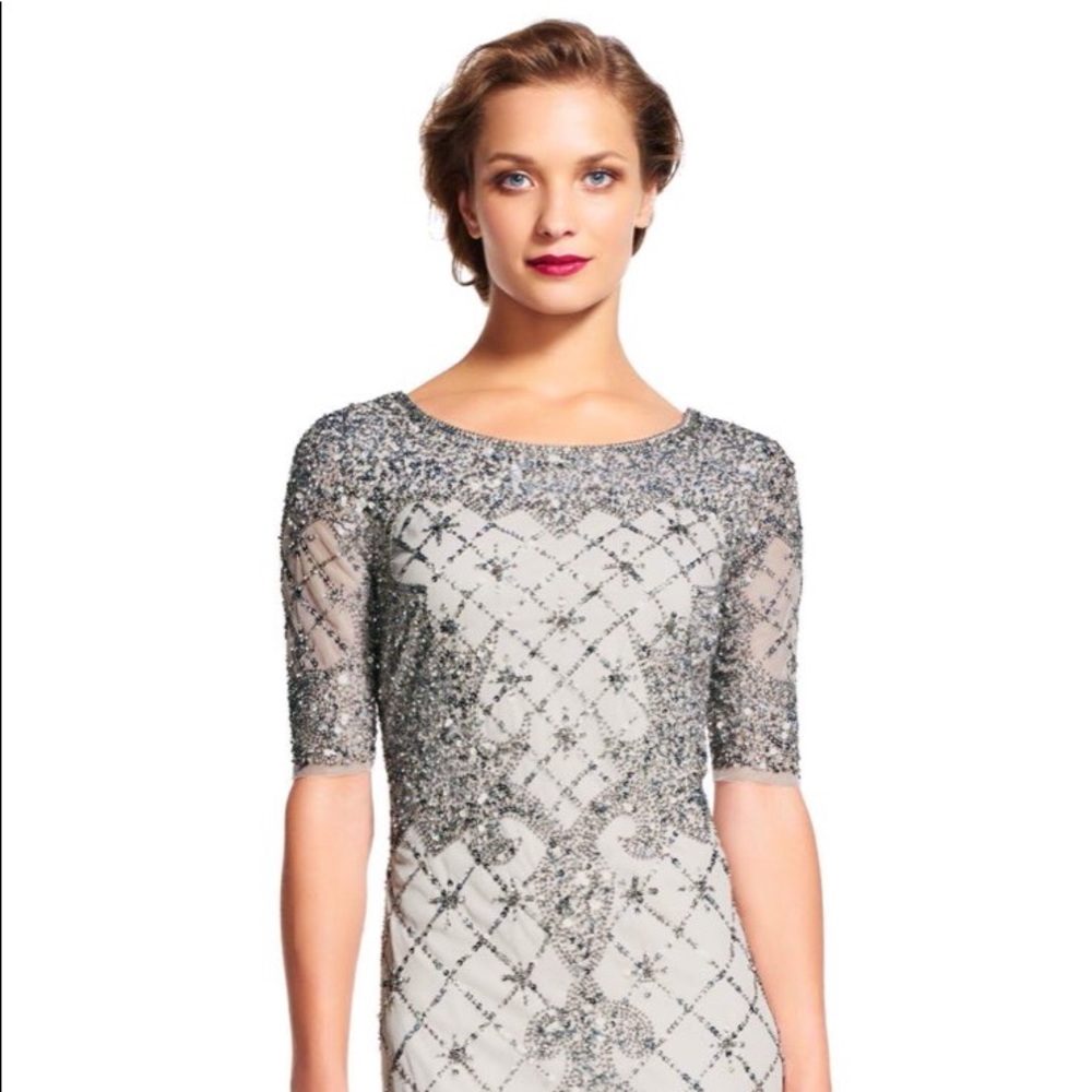 Adrianna Papell Silver Beaded Maxi Dress SIZE 2